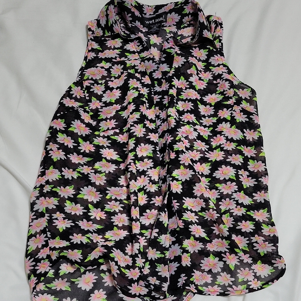 Sheer Floral Button Up Tank Top